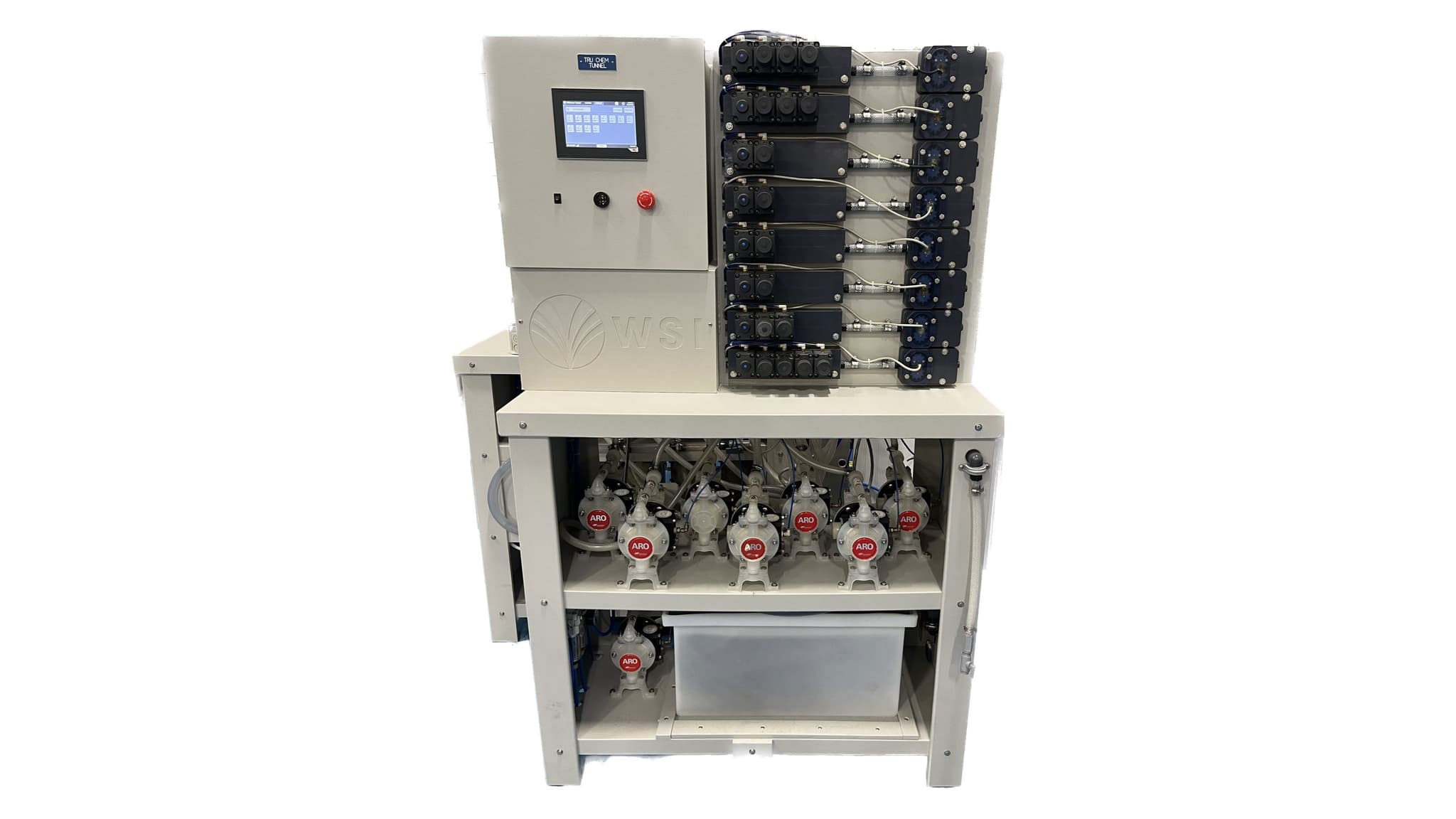 TRUchem Tunnel chemical dispenser with dosing modules and pump stand
