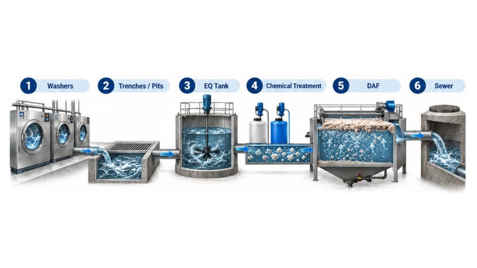 Six stages of a laundry wastewater system: washers, trenches and pits, EQ tank, chemical treatment, DAF, and sewer
